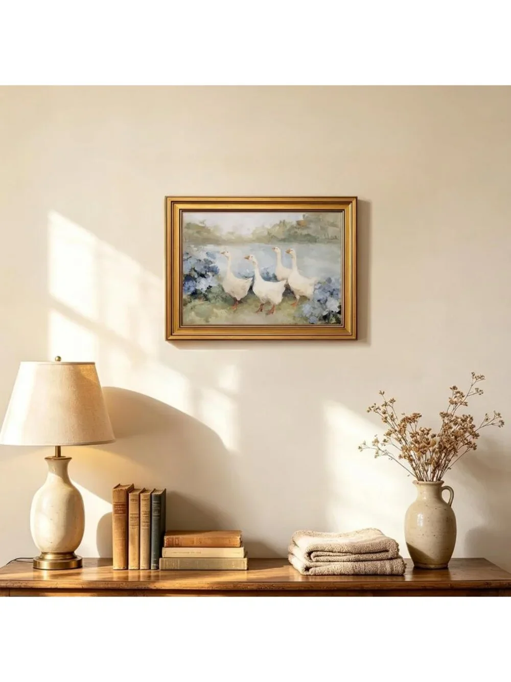 Charming Vintage Gold Framed Wall Art - Country Geese & Blue Hydrangeas Decor